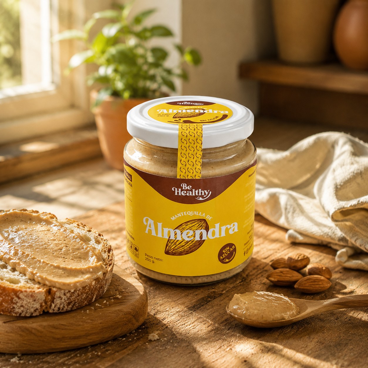 Mantequilla de Almendra Be Healthy · morning kitchen scene · Bienestar Veliroz
