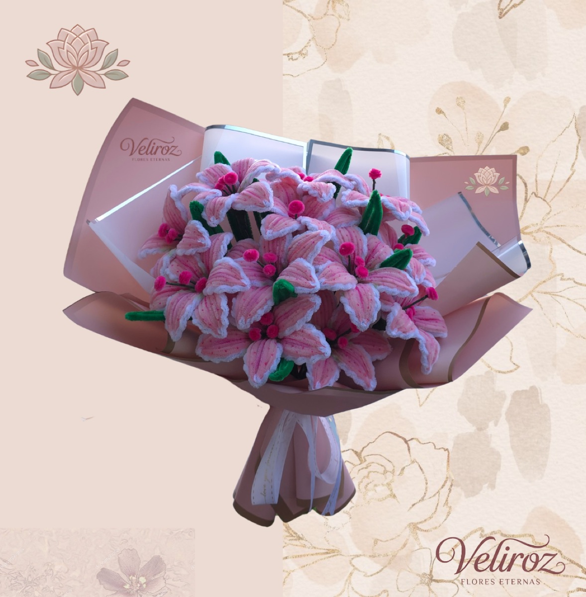 Pink Blossom — ramo de 12 lirios rosados eternos
